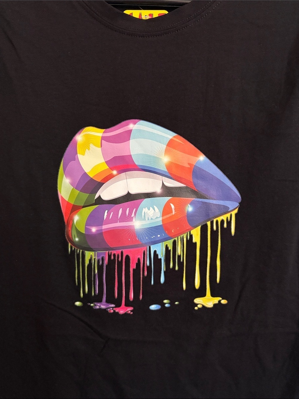 Reserved Black Short Sleeve Tee with Colorful Dripping Lips Graphic - Picture 3 of 5